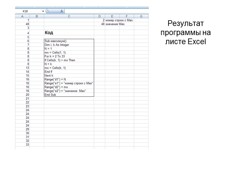 Результат программы на листе Excel